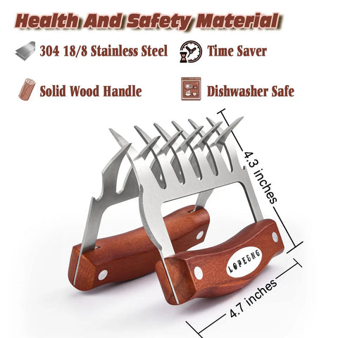 Meat Shredder Claws Set Of 2 With Stainless Steel Claws And Wooden Handle For Barbecue BBQ Shredding Pulled Pork Beef And Chicken Carving And Handling Like A Pro, 4.7 x 4.3 in