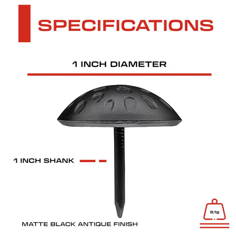 Top Shelf 50 Pack Of One Inch Iron Clavo Nails with matte black antique finish, 1 inch diameter and 1 inch shank for decorative tasks.
