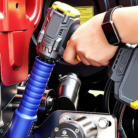 Heavy Duty Pneumatic 1/2 Inch Right Angle Impact Wrench used in tight engine space for reliable air power and torque.