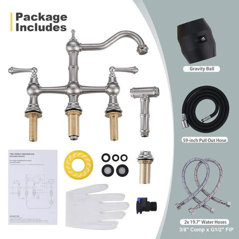 Package contents of 8 Inch Centerset Bridge Kitchen Faucet With Brass Side Sprayer, Brushed Nickel Finish, Dual Handles, 4 Hole Deck Mount