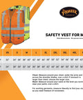 Mens High Visibility Safety Vest With Reflective Neon Mesh Zipper Features Nine Utility Pockets For Construction And Traffic Control Meets Ansi Class 2 Standards Breathable Mesh Hustle Ready Grind Proof Coverage 2X Large with sizing chart.