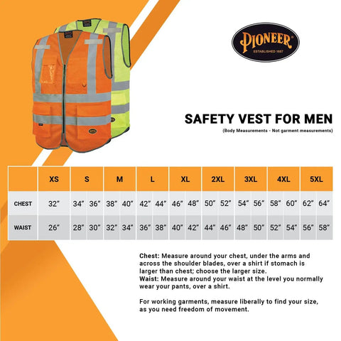 Mens High Visibility Safety Vest With Reflective Neon Mesh Zipper Features Nine Utility Pockets For Construction And Traffic Control Meets Ansi Class 2 Standards Breathable Mesh Hustle Ready Grind Proof Coverage 2X Large with sizing chart.