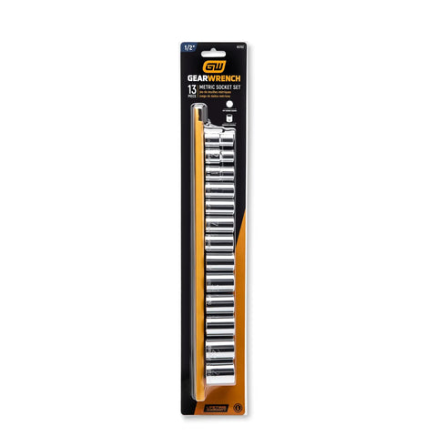 Thirteen Piece One Half Inch Drive Six Point Standard Metric Socket Set With 12mm Through 24mm Sockets Knurled Ends