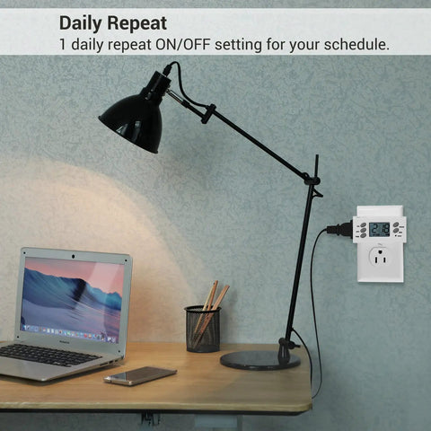 Two Pack 24 Hour Outlet Timer For Indoor Lamps Fans And Aquariums 125V 15A 1000W Digital Light Timer plugged in near lamp