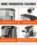 Fully Automatic Espresso Machine With Integrated Grinder And One Touch Milk Frother delivering features like a 1.5L water tank and 180g bean container.