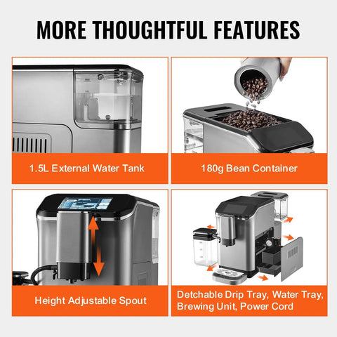 Fully Automatic Espresso Machine With Integrated Grinder And One Touch Milk Frother delivering features like a 1.5L water tank and 180g bean container.