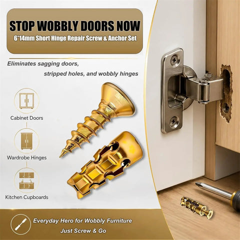 Hinge Repair Kit With 6x14mm Screws And Expansion Anchors For Stripped Screw Holes displayed with cabinet hinge repair