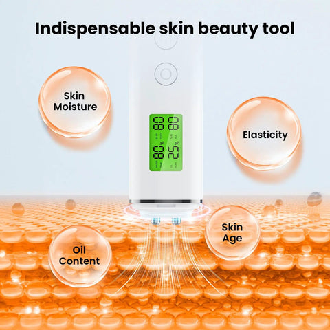Digital Skin Hydration Tester And Oil Detector For Clear Skin, High Precision Moisture Analysis Meter, Portable Skin Analyzer With LCD Display And Fluorescent Agent Detection, Easy Read Hydration Monitor On The Go. White handheld skin analyzer with LCD.