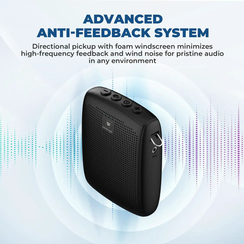 Wireless Voice Amp With Bluetooth Handheld Microphone For Teachers And Public Speaking, Portable PA System For Classrooms And Outdoor Events, 50ft Range With Cardioid Pickup, Compact Speaker Mic Set shown with advanced anti-feedback system.
