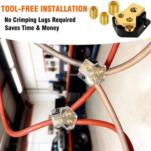12V Power Distribution Block 2 Way Ground Splitter For Car Audio With Protective Cover And Beefy Gold Plated Brass Terminals Handles 0 2 4 Gauge Input To 4 8 10 Gauge Output Heavy Duty Ground Block For Automotive Marine Boat Truck, tool-free install