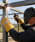 Tough As Nails Cowhide Split Finger Welding Gloves For Men, Heat Resistant Yellow Work Gloves used during welding process.