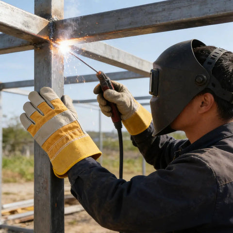 Tough As Nails Cowhide Split Finger Welding Gloves For Men, Heat Resistant Yellow Work Gloves used during welding process.