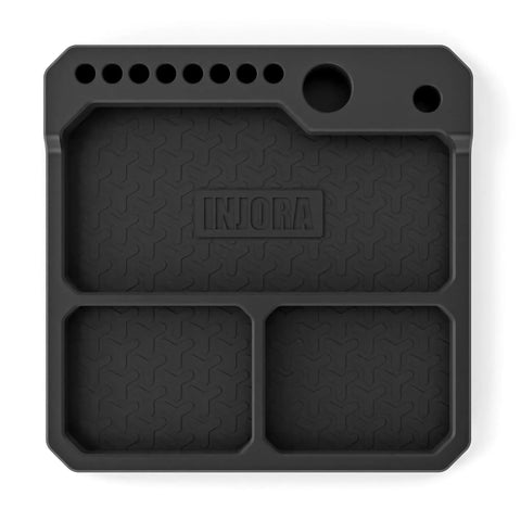 Top view of Silicone Tool Tray Organizer With Magnetic Holders And Stand, Heat Resistant Parts Tray For Workshop, Small Parts Storage Tray, Durable Silicone Tray 160x160mm, showcasing divided compartments and durable material.