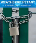 Stainless Steel Padlock Latch 5 Inch Heavy Duty Locking Hasps securing green gate with chain, weather resistant for outdoor use