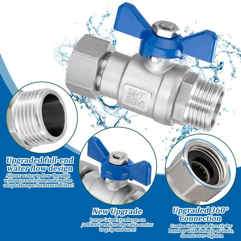Heavy Duty Garden Hose Shut Off Valve Set 2 Pack 3/4 Inch GHT Full Flow Ball Valve With 360 Degree Rotatable Connector Solid Stainless Steel Easy Shutoff Leak Free Water Control, stainless steel valve close-up