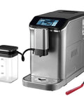 Fully Automatic Espresso Machine With Integrated Grinder And One Touch Milk Frother showcasing sleek design, touch display, and grinder container.