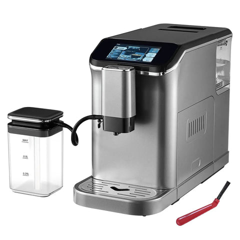 Fully Automatic Espresso Machine With Integrated Grinder And One Touch Milk Frother showcasing sleek design, touch display, and grinder container.