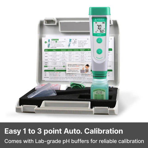 AI209 Value Series PH20 Waterproof pH Tester Kit with auto calibration in rugged case, showing buffers and sensor details.