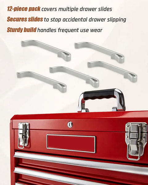 12 Pcs Drawer Slide Retaining Clips For Tool Boxes Fits Popular Toolbox Brands And Vintage Chests Heavy Duty Spring Steel Locking Clips To Get Your Old Drawer Sliders Back In Action Yo, with red toolbox and clips.