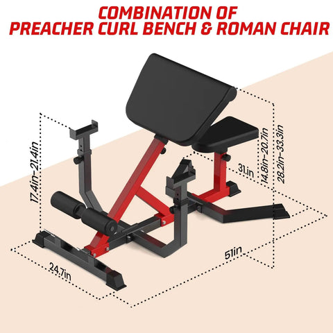 2 In 1 Roman Chair And Preacher Curl Bench For Home Gym, Multi Function Hyperextension Bench With Adjustable Height, Black