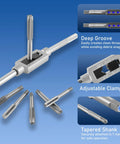 84 Piece Pro Grade Tap And Die Set With SAE And Metric Sizes Showing T-Handle, taps, and threading details on blue background