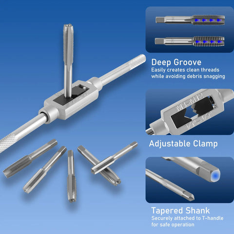84 Piece Pro Grade Tap And Die Set With SAE And Metric Sizes Showing T-Handle, taps, and threading details on blue background
