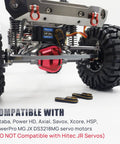 Front view of RC crawler chassis with Beefy Aluminum 25T Servo Horn Steering Arm Upgrade For One Tenth Scale Crawlers, black and gold