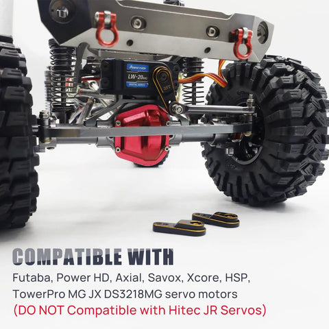 Front view of RC crawler chassis with Beefy Aluminum 25T Servo Horn Steering Arm Upgrade For One Tenth Scale Crawlers, black and gold