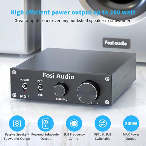 M03 200 Watt Subwoofer Amplifier With TPA3255 For Home Theater, front view showing controls and power indicators