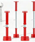 Badass Heavy Duty Adjustable House Floor Jacks With 10000 Lbs Unshakeable Hold Rock Solid Screw Support Posts Crafted From Hardened Carbon Steel For Basement Shoring 4 Piece Set with wrench beside.