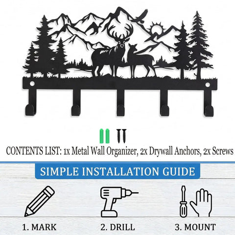 Deer Mountain Metal Key Holder Wall Mount For Rustic Cabin Decor Key Rack with hooks and woodland wildlife design.