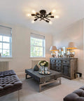 Cozy living room with Six Light Black Matte Sputnik Ceiling Light Fixture Semi Flush Mount With E26 Base for farmhouse decor.