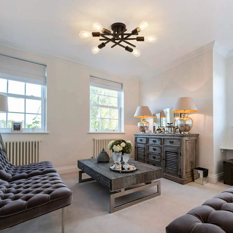 Cozy living room with Six Light Black Matte Sputnik Ceiling Light Fixture Semi Flush Mount With E26 Base for farmhouse decor.