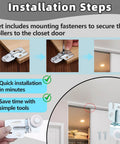 Installation guide for 4 Pack Closet Sliding Door Roller Kit For Top Hung Bypass Wardrobe Doors Replacement Wheels With 8 Screws Includes 1/4 Inch And 1/2 Inch Thick Doors Suitable For Kitchen And Closet Sliding Systems with close-up of components and steps.