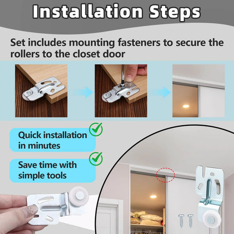 Installation steps for Eight Piece Closet Sliding Door Hardware Roller Kit With Sixteen Screws showing mounting process.