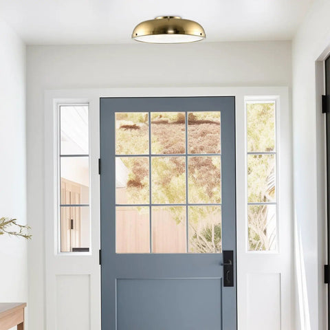 Mid Century Modern Gold Semi Flush Ceiling Light With Frosted Glass Diffuser 3 Light Low Profile Dome Fixture in entryway