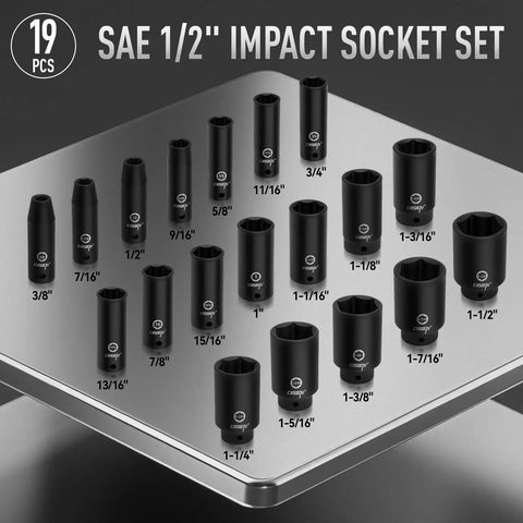 19-piece SAE 1/2 inch impact socket set displayed on a metal surface with various sizes from 3/8 to 1-7/16 inches.