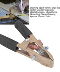 Heavy Duty Brass Welding Ground Clamp Rated For 500 Amps With Large 60mm Jaw Opening For Secure Earth Clip Hookups On Cars And Heavy Power Train Manufacturing Jobs You Can Count On Today, featuring black non-slip handles.