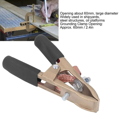 Heavy Duty Brass Welding Ground Clamp Rated For 500 Amps With Large 60mm Jaw Opening For Secure Earth Clip Hookups On Cars And Heavy Power Train Manufacturing Jobs You Can Count On Today, featuring black non-slip handles.