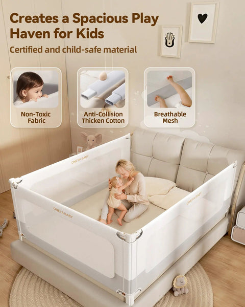 White playpen with mesh sides and sturdy frame enclosing a child on a bed, showing non-toxic fabric and breathable mesh design