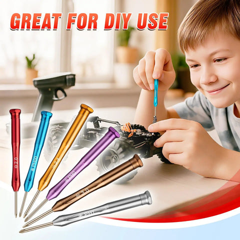 Child using Magnetic Mini Screwdriver Set Six Piece Precision Kit with PH00 PH0 PH1 bits on RC drone for DIY repairs