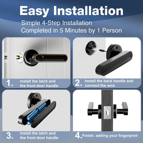 Fingerprint Door Lock With Keypad And Biometric Access For Bedroom Doors installation guide showing 4-step process