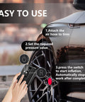 Go To Tire Inflator Portable Air Pump 150 PSI Battery Powered With 5000mAh Capacity in use with car tire on display
