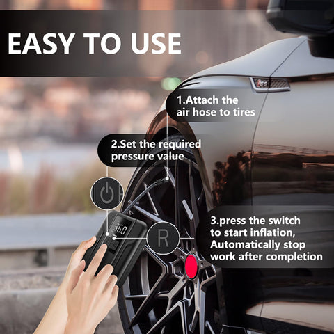 Go To Tire Inflator Portable Air Pump 150 PSI Battery Powered With 5000mAh Capacity in use with car tire on display