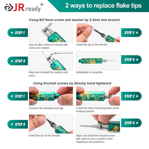 Two methods for replacing flake tips in Pin Removal Tool Kit for Automotive Electrical Connectors detailed in steps.