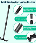 Heavy Duty 2 In 1 Garden Hoe And Cultivator With A 45 Inch Long Adjustable Handle showing connection details and rustproof features