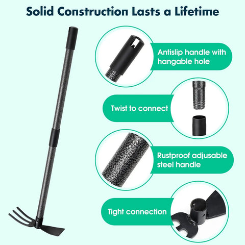 Heavy Duty 2 In 1 Garden Hoe And Cultivator With A 45 Inch Long Adjustable Handle showing connection details and rustproof features