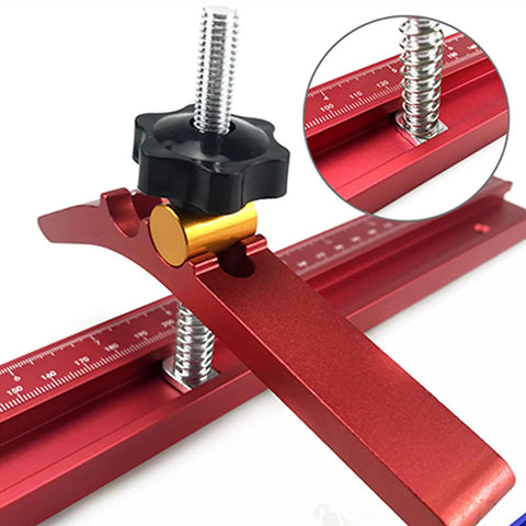 Close-up of Heavy Duty Adjustable T Track Clamp With Micro Fine Tuning For Woodworking, showcasing red metal clamp detail.