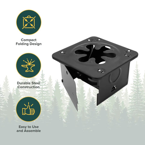 Portable Folding Camp Stove For Camping And Backpacking Easy Carry Ultra Light Steel Stove with durable design in forest scene.