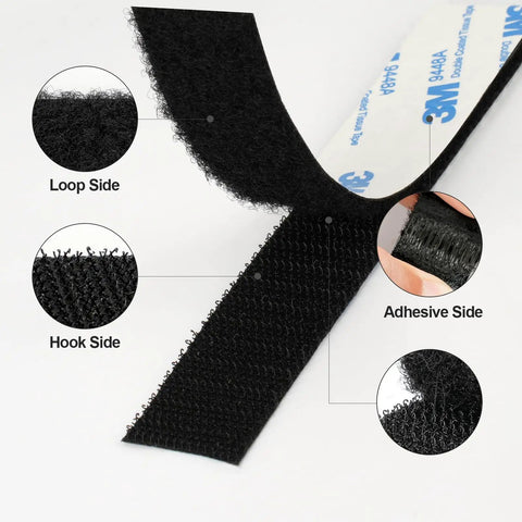 Close-up of Hook And Loop Self-Adhesive Tape 1 Inch By 20 Feet Black 9448A showing loop, hook, and adhesive sides.
